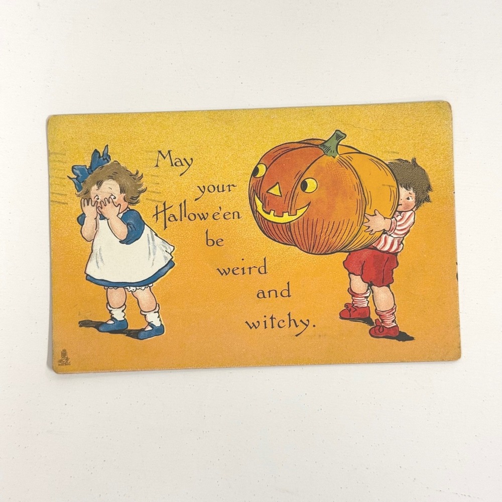 Antique 1912 Raphael Tuck Halloween Postcard Weird and Witchy Jack O Lantern
